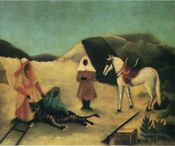  primitivism art painting - the tiger hunt 1896 Henri Rousseau Post Impressionism Naive Primitivism